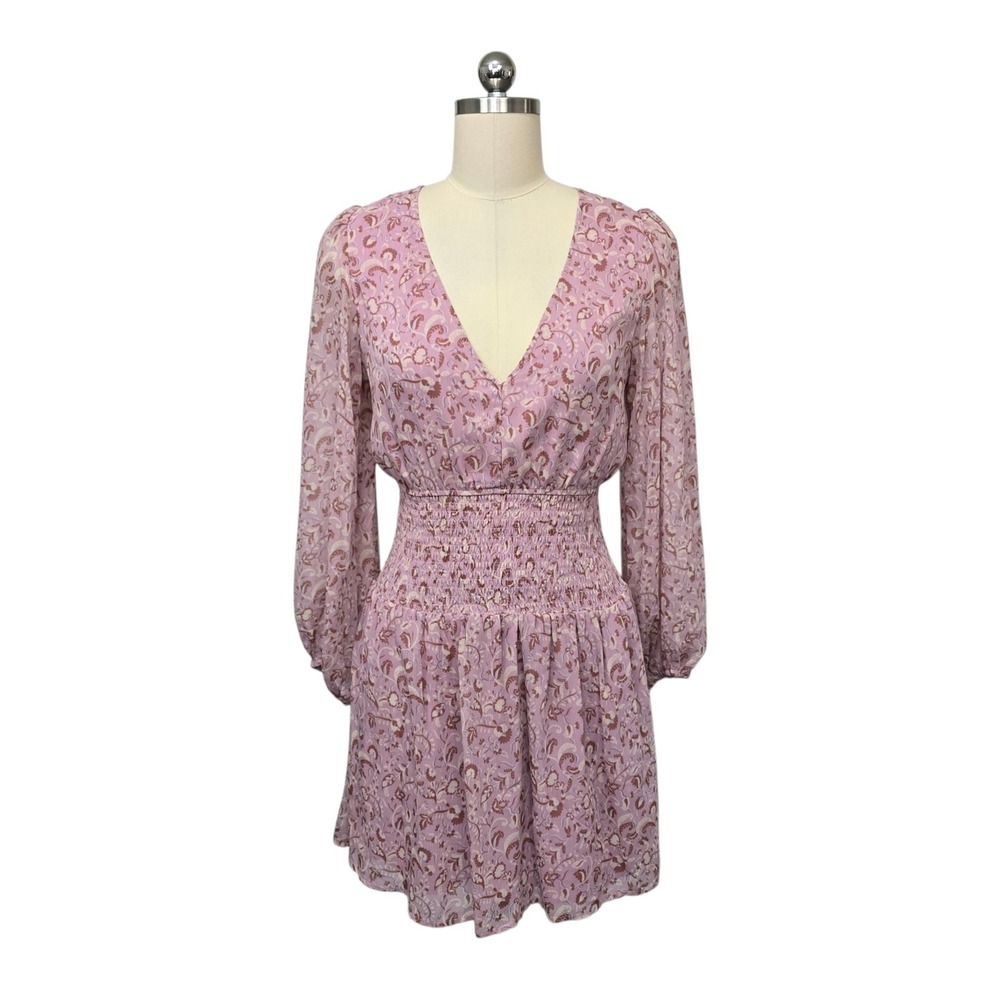 Z Supply Pink Floral Paisley Smocked Mini Dress Balloon Sleeve V-Neck Size Small